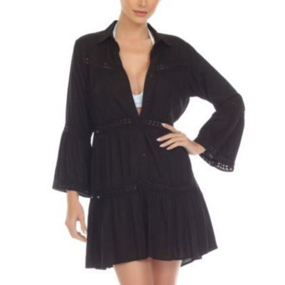 Raviya Women's Lace-Inset Button-Front Black Dress Cover-Up Women's Swimsuit S
